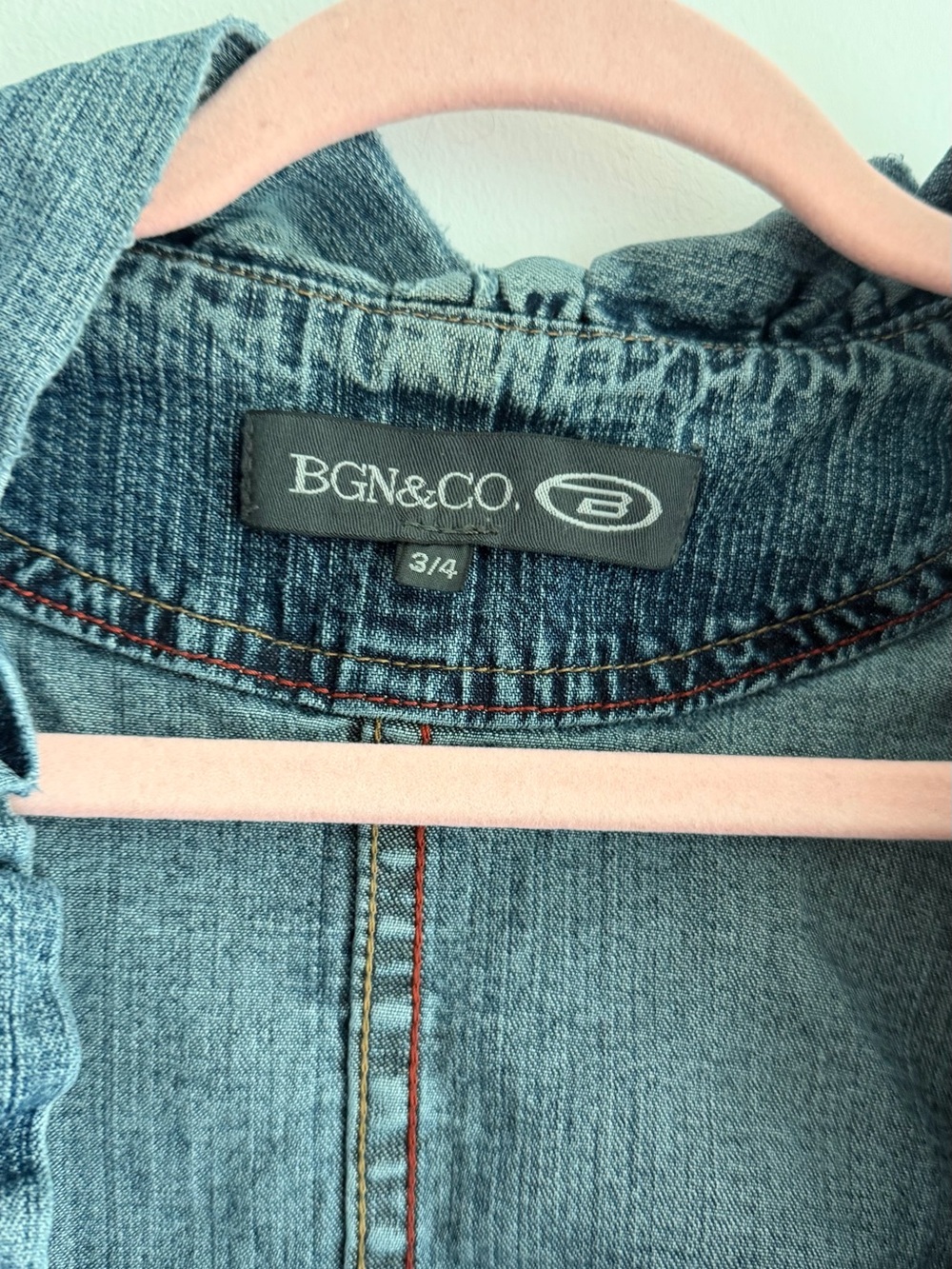 Ruffled Blue Denim Jacket with Feminine Trim - Picture 4 of 5